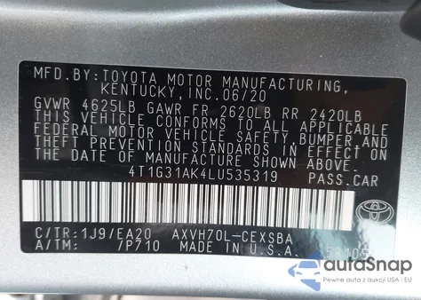 2020 Toyota Camry Se Hybrid from USA, damaged, VIN 4T1G31AK4LU535319